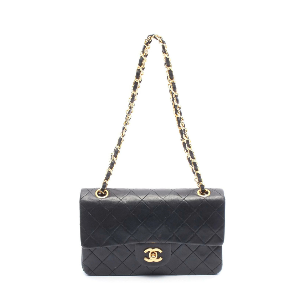 Chanel Matelasse Double Flap Shoulder Bag Lambskin Sheepskin Black